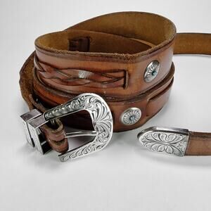 Lopez Brothers 925 Sterling Silver Buckle Set Leather Ranger Concho Belt 58"